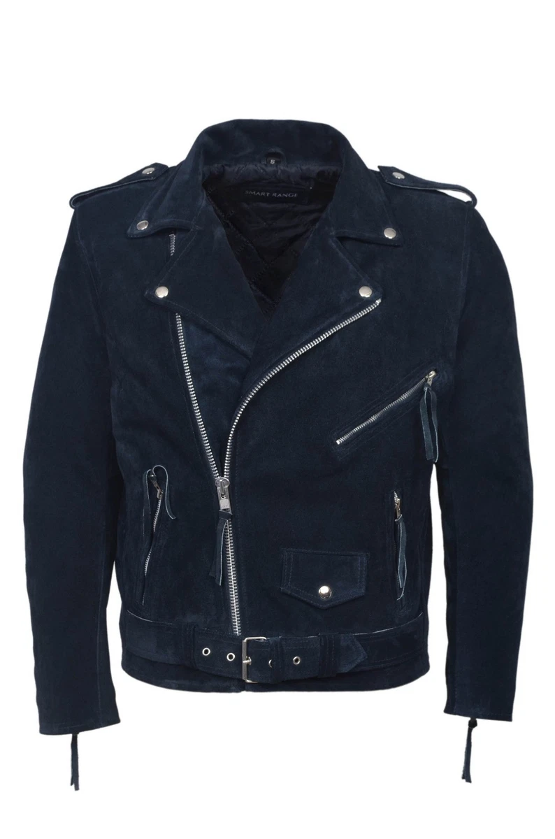 New Men s Brando Navy Blue Real Suede Leather Classic Biker Fit