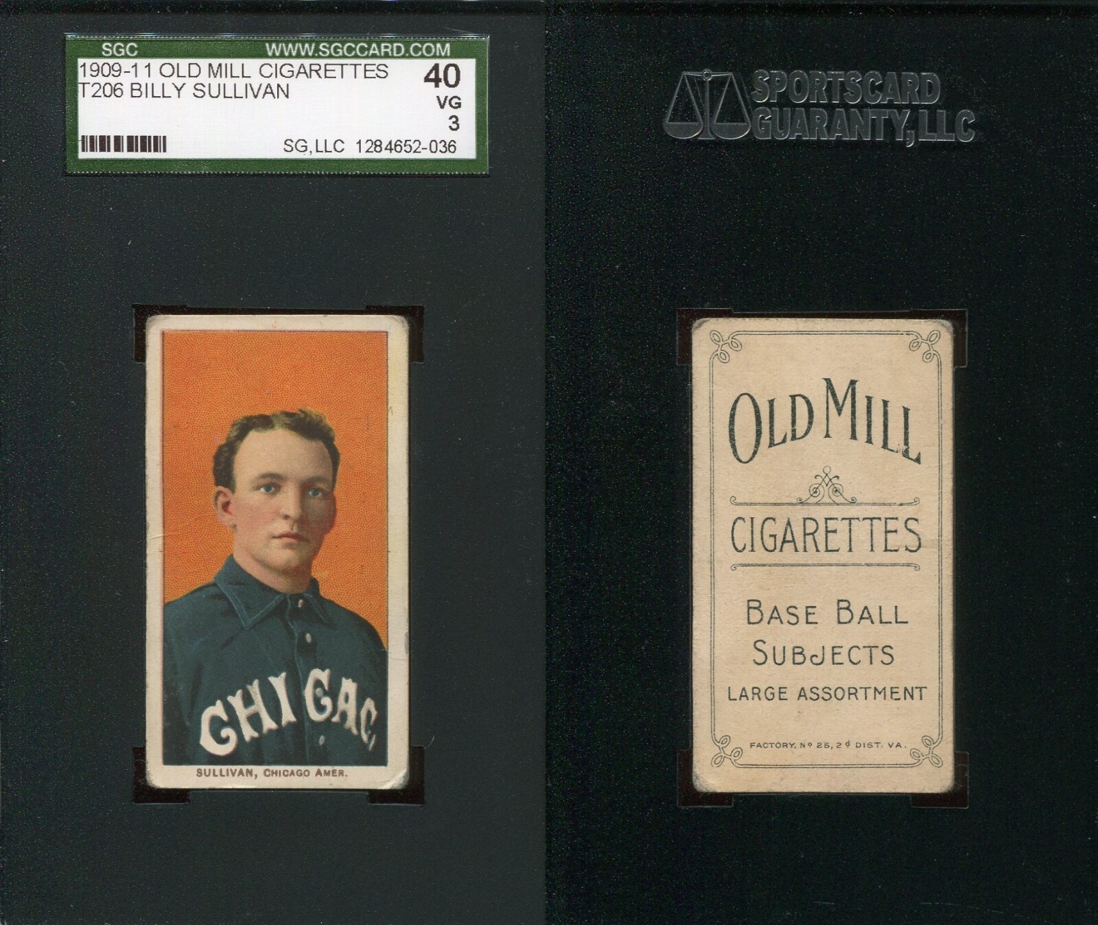 1909-1911 T206 Billy Sullivan Chicago White Sox SGC 3 ***Low Pop Old Mill***