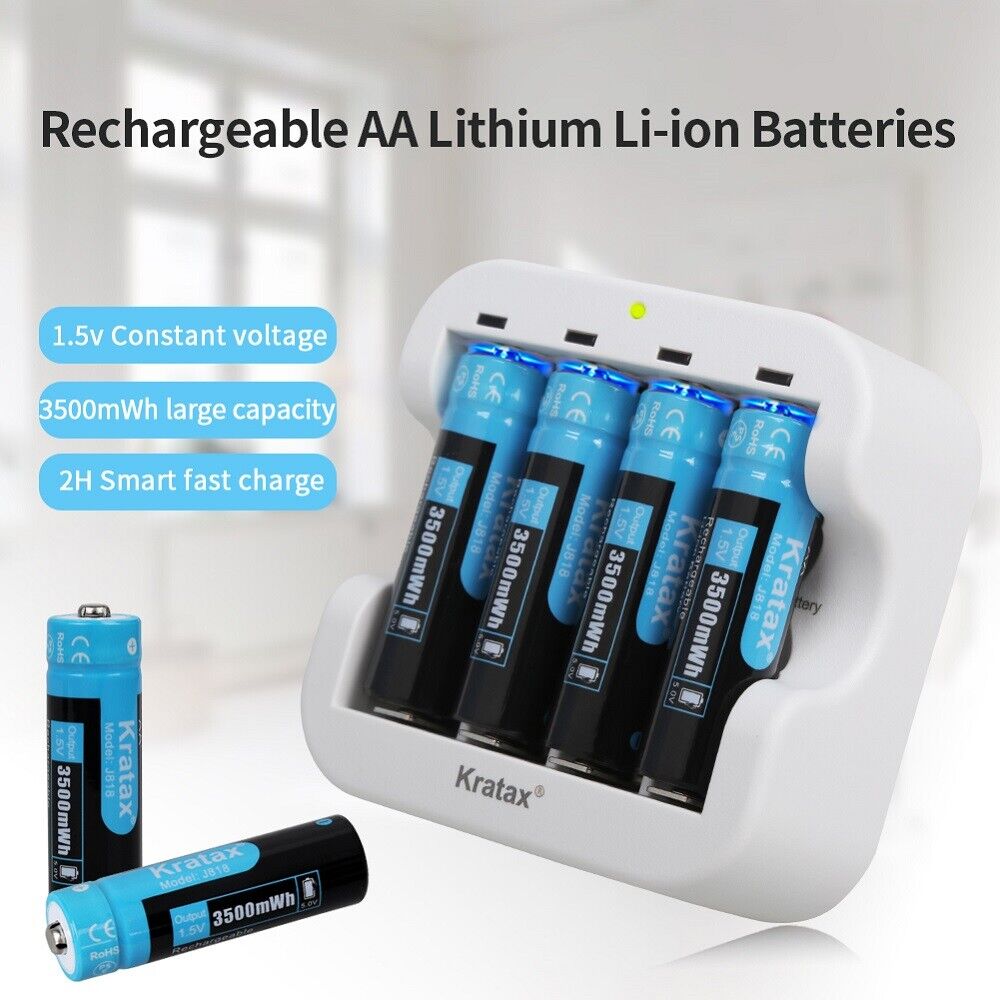 Kratax Rechargeable AA Batteries, 3500mWh 1.5V Rechargeable Lithium AA  Batteries with Charger 8-Pack 