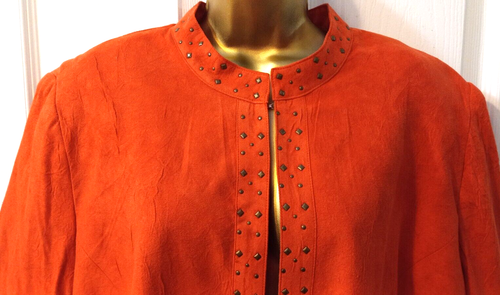 Alfred Dunner Boho Faux Suede Orange Open Front Stud Embellished Cardigan Jacket - Picture 3 of 6