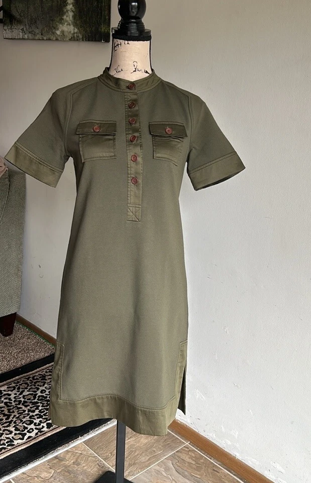 Diane Von Furstenberg Satin Trim Military Shirt Dress Olive Green Size 2 - Image 2 of 4