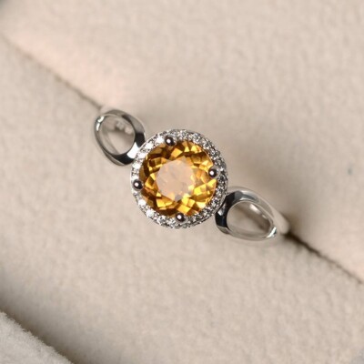 1.65 Ct Natural Round Cut Citrine & Diamond Engagement Ring 14k Real White Gold