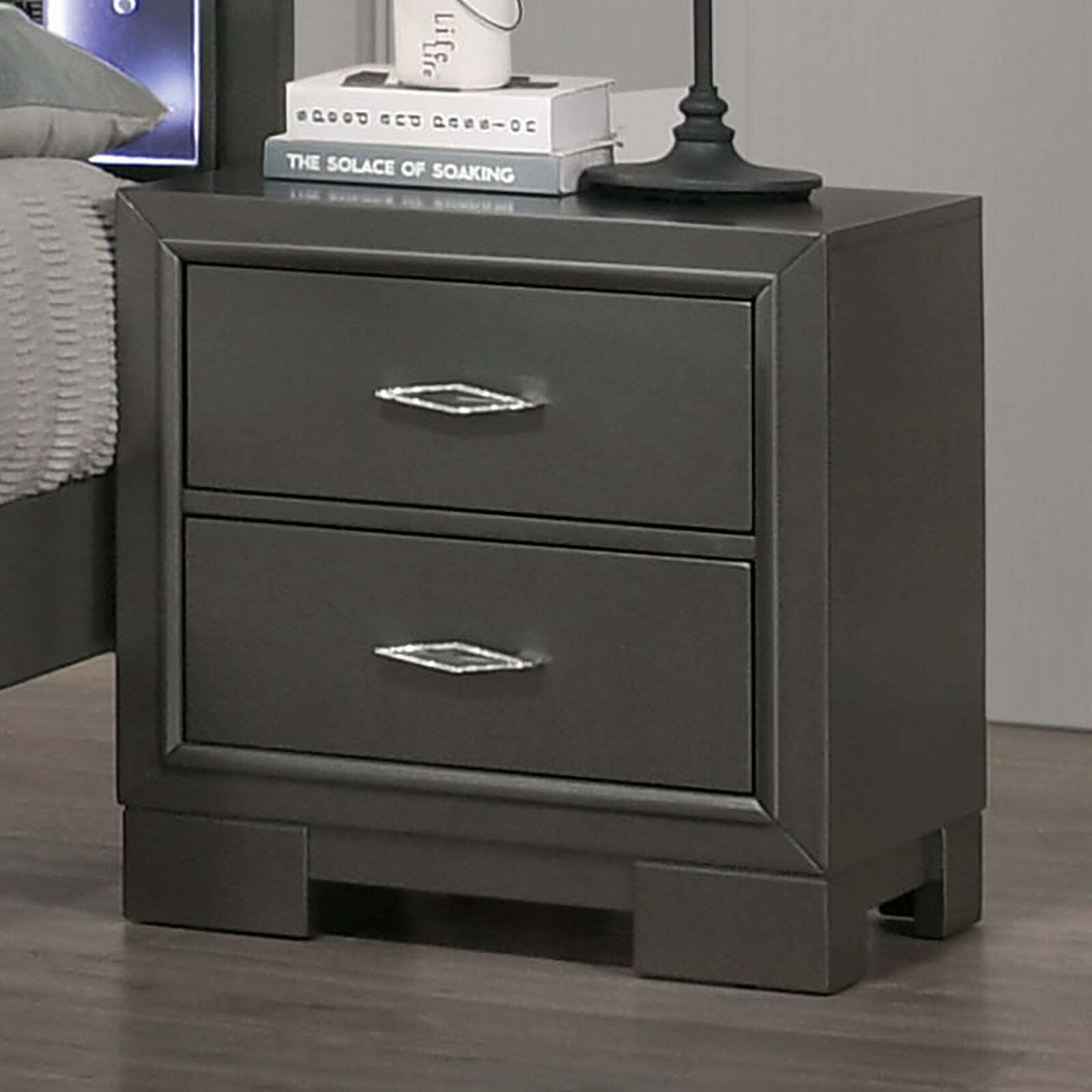 Metallic Gray Wood Nightstand with 2 Drawers