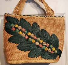 Vintage 50s 60s Straw Purse Handbag Embellished Leaf  Shell Pattern
