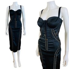 Dolce + Gabbana Black Stretch Silk Corset Lace Up Bustier Dress Gold Grommets