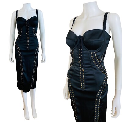 Dolce + Gabbana Black Stretch Silk Corset Lace Up Bustier Dress