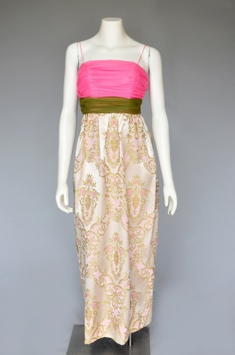 Vintage 1960s Pink Green Floral Satin Brocade Maxi Party Prom Dress Coat Set XS - Picture 2 of 10