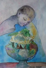 Fine unique drawing – Surreal portrait, signed Odilon Redon, w COA