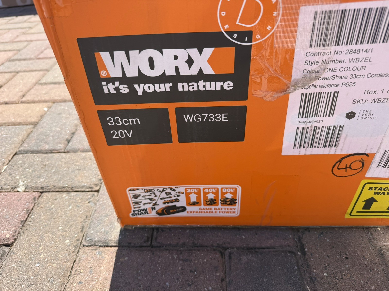 WORX Powershare Cordless Lawn Mower 200㎡ 20V 33cm x1 Battery WG733E