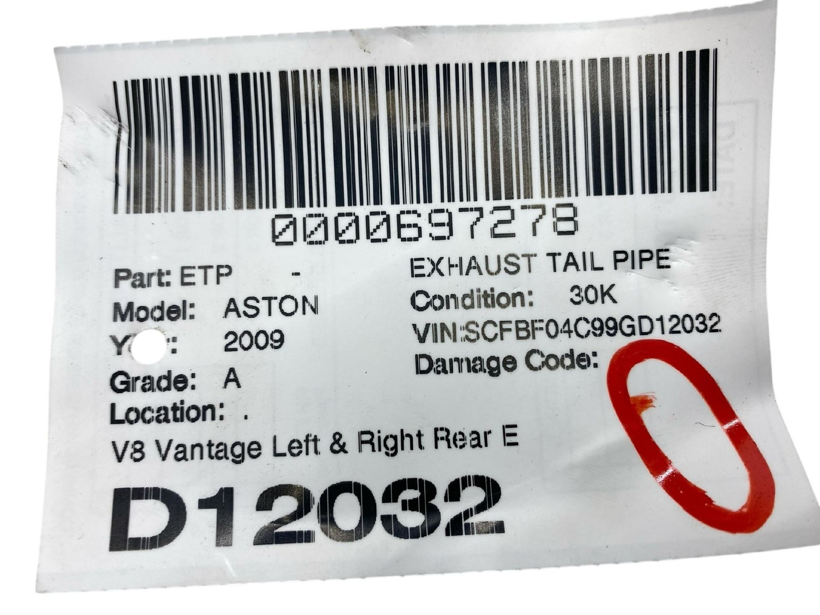 Aston Martin Vantage 2009 REAR+RIGHT Muffler