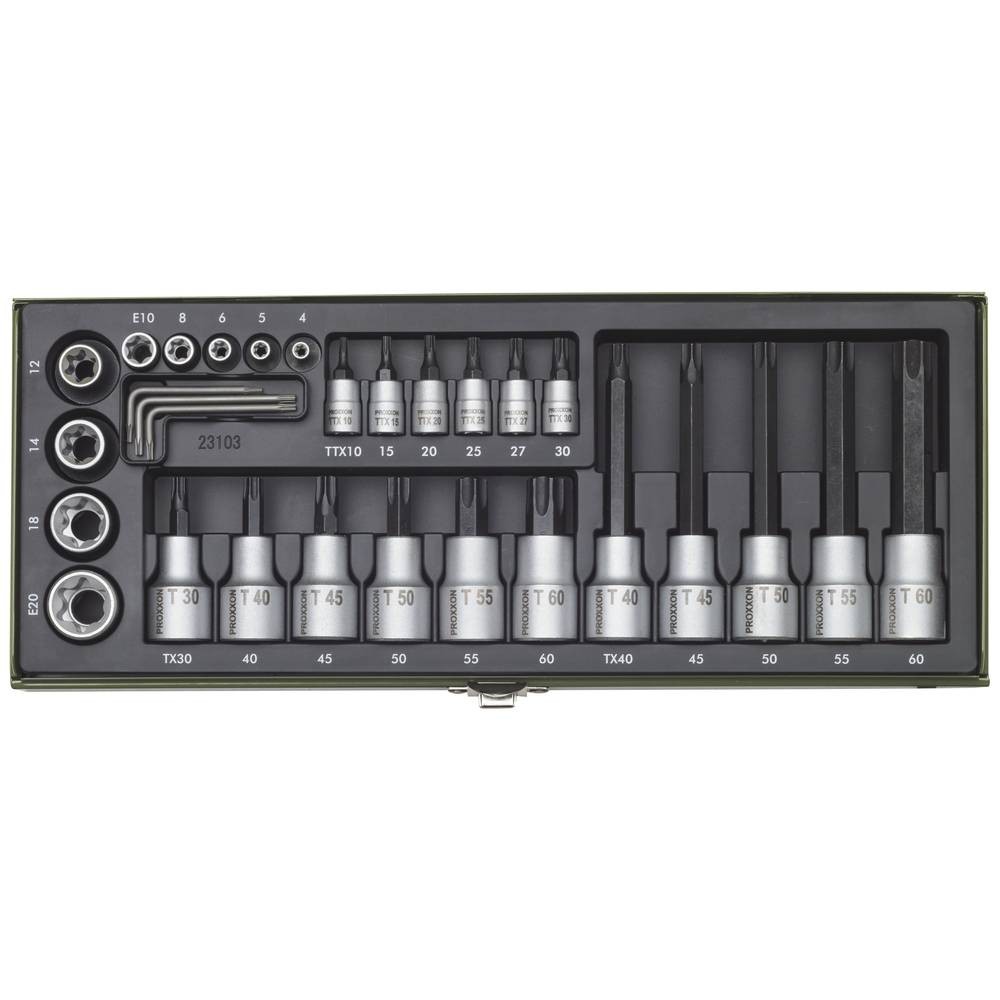 Proxxon Jeu de clés à douille 23103 coffret cliquet 29 pièces 12.5 mm et 6.3 mm pour atelier mécanique
