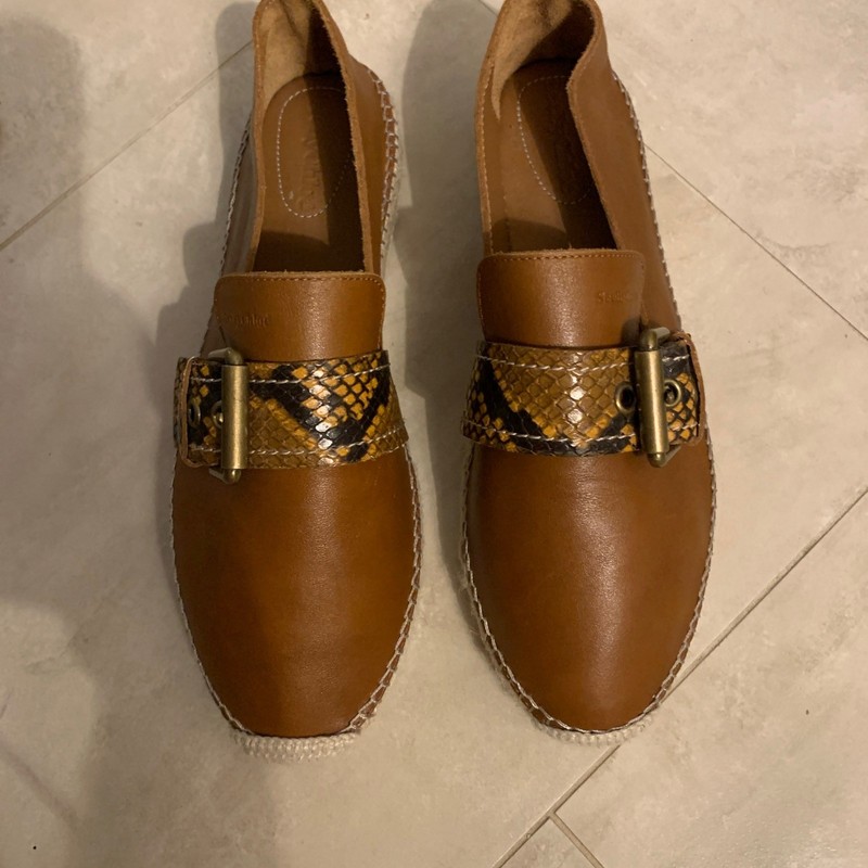 See By Chloe Brown Leather Buckle Espadrilles Loafers Size 37