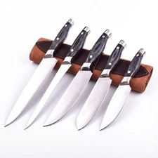 Custom Hand Forged Damascus Steel Chef Knife Set 5 Rose Wood Kitchen BBQ Cleaver