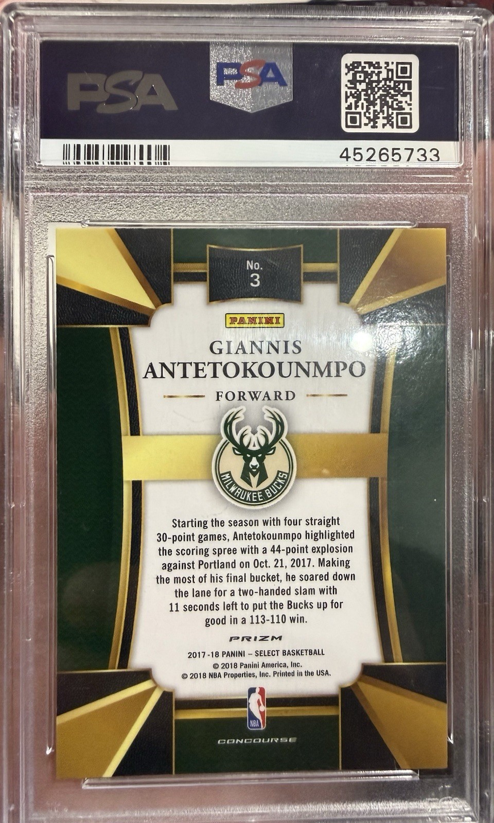 2017 Panini Select Giannis Antetokounmpo Silver Prizm PSA 10 Gem view 2