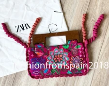ZARA NEW WOMAN SMALL WOODEN HANDLE EMBROIDERED FLOWER BAG FUCHSIA 4751/018/630
