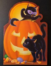 Vintage Hallmark Halloween Black Kittens With Jack-O-Lantern Candy Card