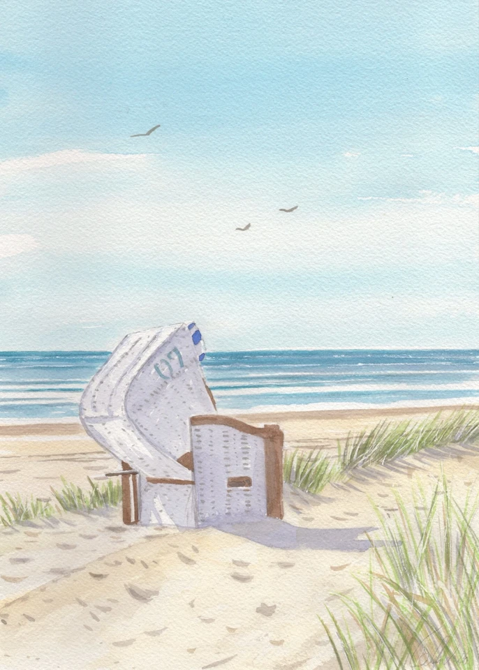 Original Aquarell - Sand,Meer,Natur,Gras,Dünen,Möwen - Strandkorb - Bild 1 von 1