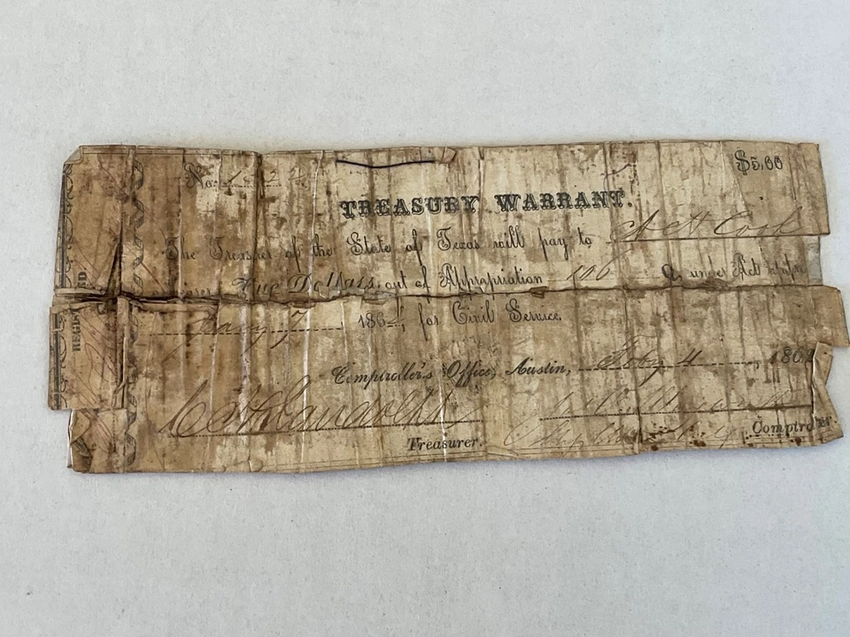ORIGINAL CSA STATE OF TEXAS TREASURY WARRANT FEBRUARY 1864 FIVE DOLLARS REGISTER - Image 4 of 4