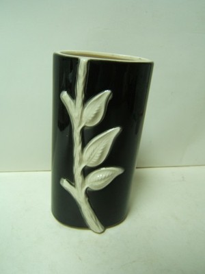 Royal Copley Hardy Stem and Leaf Vase MCM Black and White 7 1/4'' Tall