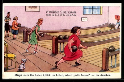 Women on a bowling alley with a dog, postcard 