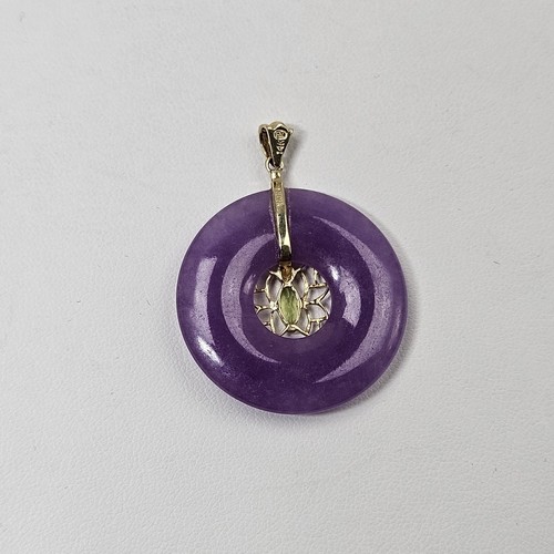 Vintage 14k Yellow Gold Lavender Jade Donut Butterfly Pendant Jadeite Peridot - Picture 2 of 5