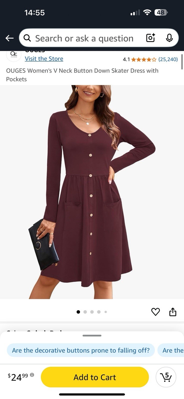 OUGES Women's Long Sleeve Burgundy V Neck Skater … - image 10