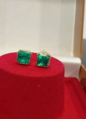 4Ct Asscher Cut  Real Emerald Women Stud Earrings  Solid 14K  Yellow Gold