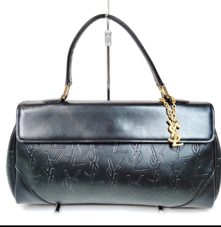 Borsa a mano vintage Saint Laurent in pelle nera goffrata 'YSL' con manico superiore
