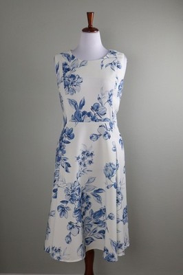 CALVIN KLEIN $159 Gorgeous Blue White Floral Sleeveless A-Line Dress Size 16