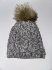 Bula Cable Knit Beanie Hat Gray Faux Fur Pom Wool Blend Fleece Lined Unisex