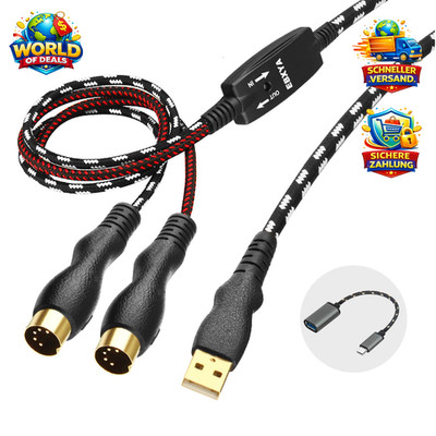 USB-MIDI-Kabel 2m 5-polige MIDI-Schnittstelle In-Out-Konverter für Keyboard PC