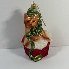 Blown Glass Cat Large Christmas Ornament Orange Kitty Red Box Glitter 6"