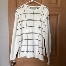 Women  s Oscar De La Renta Lg Sweater Cream Color Front Charcoal  Beige Check