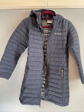 Kids Columbia Medium M Omni Heat Long Coat Puffer Hood Jacket Navy Zip Pockets