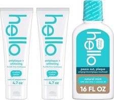 hello Antiplaque Fluoride Free Whitening Toothpaste and Peace Out Plaque Alcohol