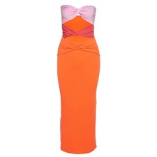 Women Sexy Strapless Twist Ruched Hollow Colorblock Split Midi Bodycon Dress