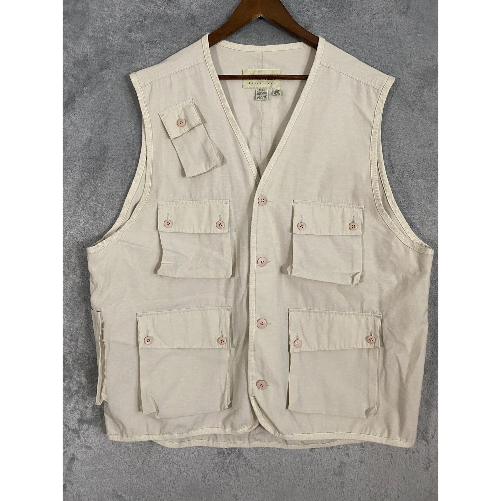 Eddie Bauer Vest Mens XL Tall Beige Ripstop Multi Pocket Fishing Safari Utility