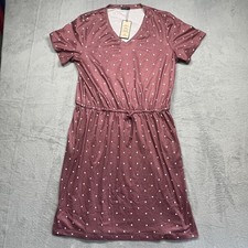 Huskary Polka Dot Dress Women Mauve V-Neck Drawstring Waist Midi Casual XXL