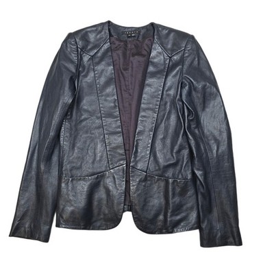 Theory Lamb Leather Blazer Womens 00 XXS Navy Blue Open Front Soft