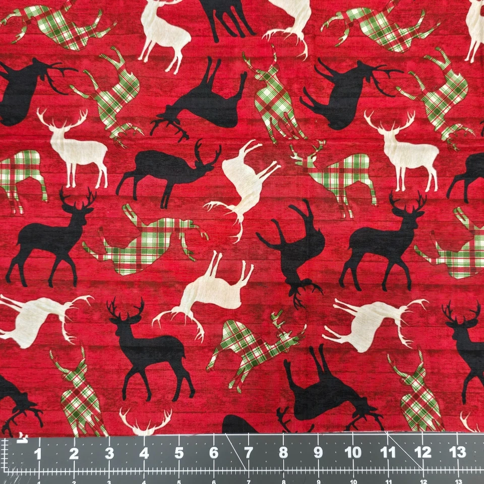 Cotton Fabric 17"x44" Red Black White Green Deer Buck Horns Silhouette Plaid - Image 2 of 4