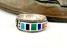 Vintage Southwest style band ring sterling silver 925 Turquoise Multi Stone