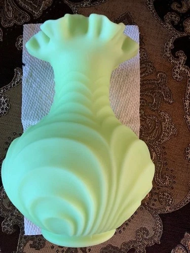 Fenton Custard Satin Lime Green Uranium Glass 8"Rim Ruffled Drapery Vase - Glows