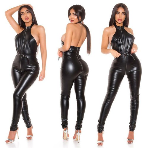 Sexy Damen Kunstleder Overall mit Zipper Clubwear Schwarz #OV545 - Picture 4 of 35