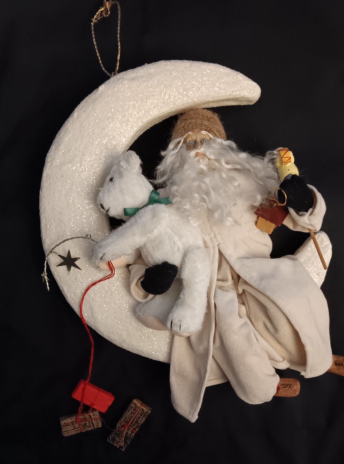 Vintage House of Hatten Santa & Articulated Bear Crescent Moon Ornament RARE-image