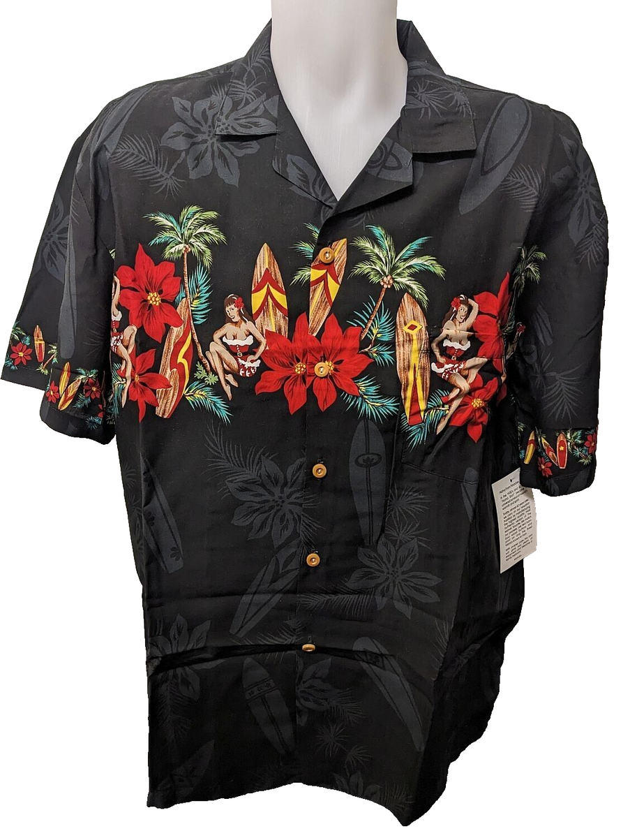 Paradise Found Men's Black Hawaiian Christmas Theme Shirt Sz L Short Sleeve  NWT