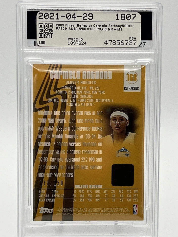 Carmelo Anthony RC #163 2003-04 Topps Finest Refractor 179/250 Auto PSA 8 - Image 2 of 3