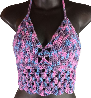 Crochet Bikini Bralette Crop Top Women L Handmade Purple Festival Tie Back BOHO