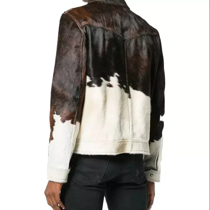 Chaqueta de cuero de vaca para hombre - Chaqueta de cuero con patrón de piel de vaca natural Foto 3 de 4