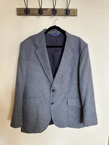 Vintage Pendleton 44R Gray Blazer Wool Blend Western Cowboy Coat Suede Yoke