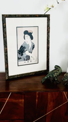 Antique Chikanobu Period 1898 Woodblock Print Bamboo Framed Beauty In An Indigo